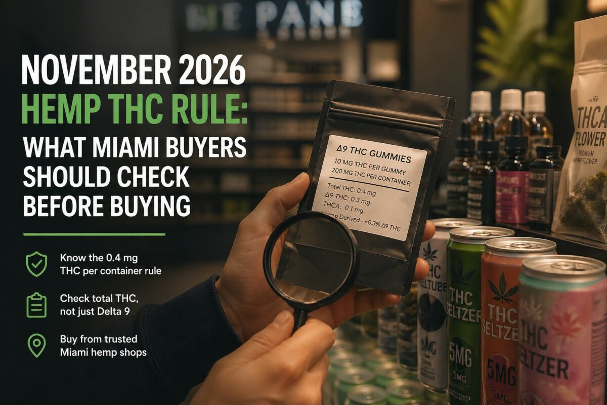 November 2026 hemp THC rule guide for Miami buyers checking THC drinks, Delta 9 gummies, THCA flower, COAs, QR codes, and total THC labels