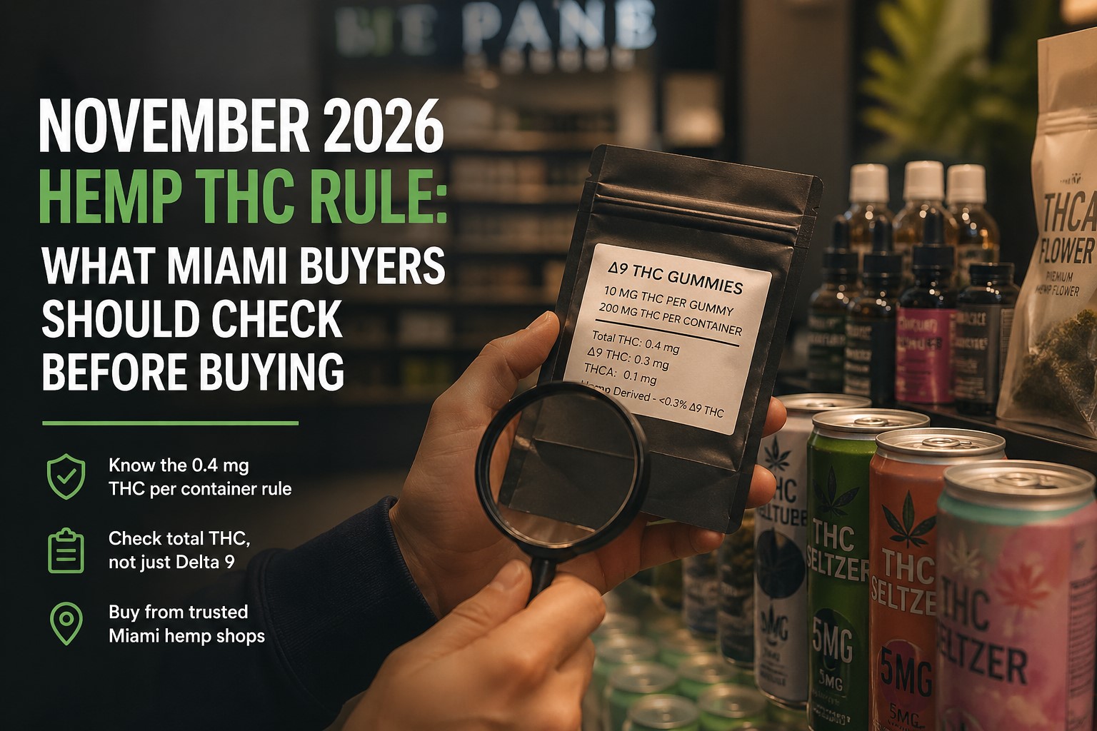 November 2026 hemp THC rule guide for Miami buyers checking THC drinks, Delta 9 gummies, THCA flower, COAs, QR codes, and total THC labels