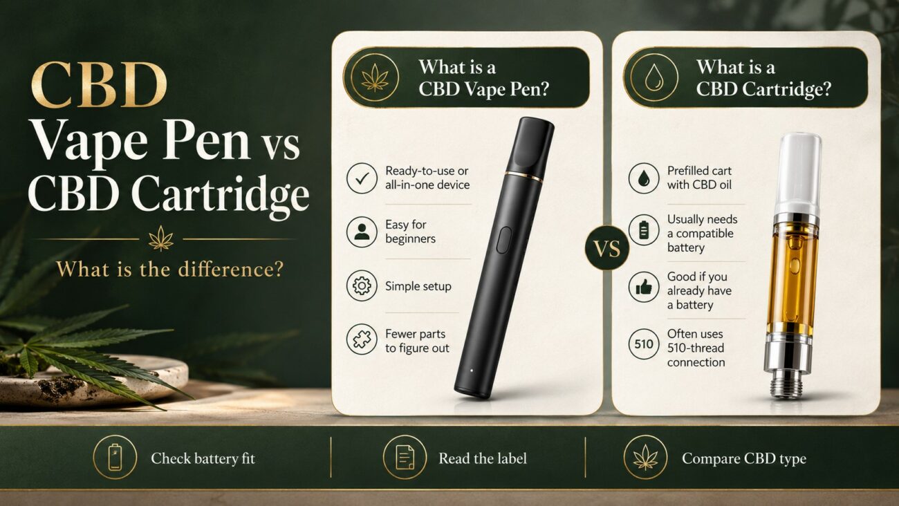 CBD vape pen vs cartridge guide explaining the difference between CBD vape pens, CBD cartridges, 510 thread fit, and CBD vapes in Miami