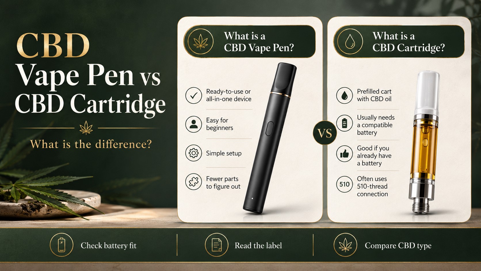 CBD vape pen vs cartridge guide explaining the difference between CBD vape pens, CBD cartridges, 510 thread fit, and CBD vapes in Miami