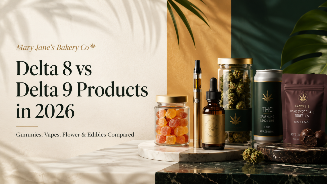 Delta 8 vs Delta 9 products guide comparing gummies, vapes, flower, edibles, tinctures, and THC drinks