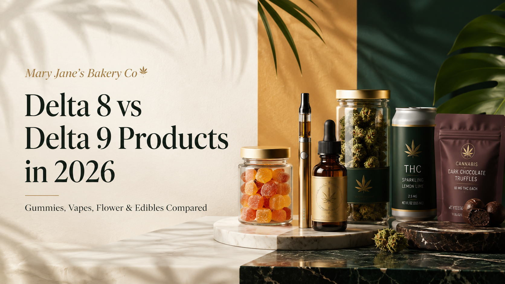 Delta 8 vs Delta 9 products guide comparing gummies, vapes, flower, edibles, tinctures, and THC drinks