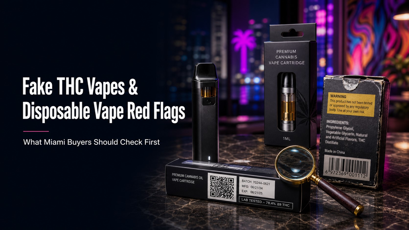 Fake THC vapes and disposable vape red flags Miami buyer guide for checking QR codes, COAs, labels, batch numbers, and product safety signs