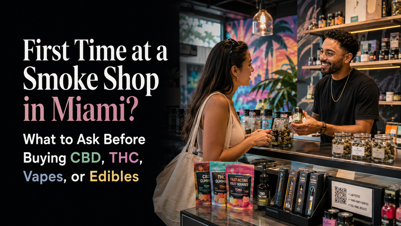 First time at a smoke shop in Miami asking about CBD, THC, vapes, edibles, lab reports, QR codes, and product labels