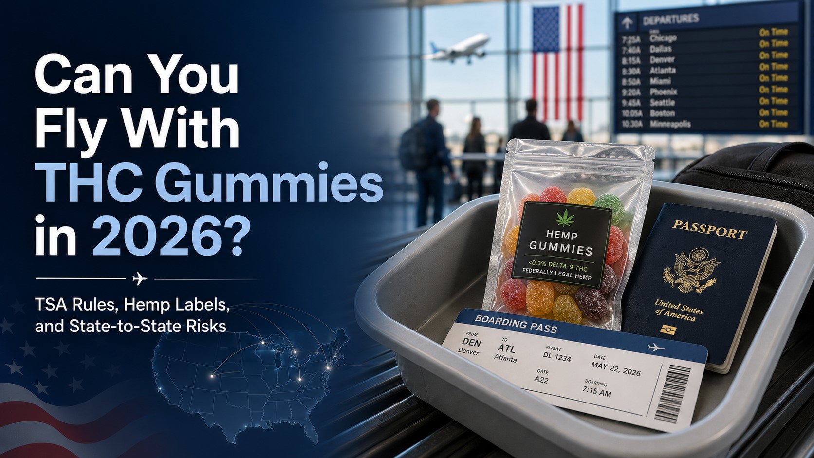 Can you fly with THC gummies in 2026 TSA rules for hemp-derived THC gummies, CBD gummies, edibles, and state travel risks