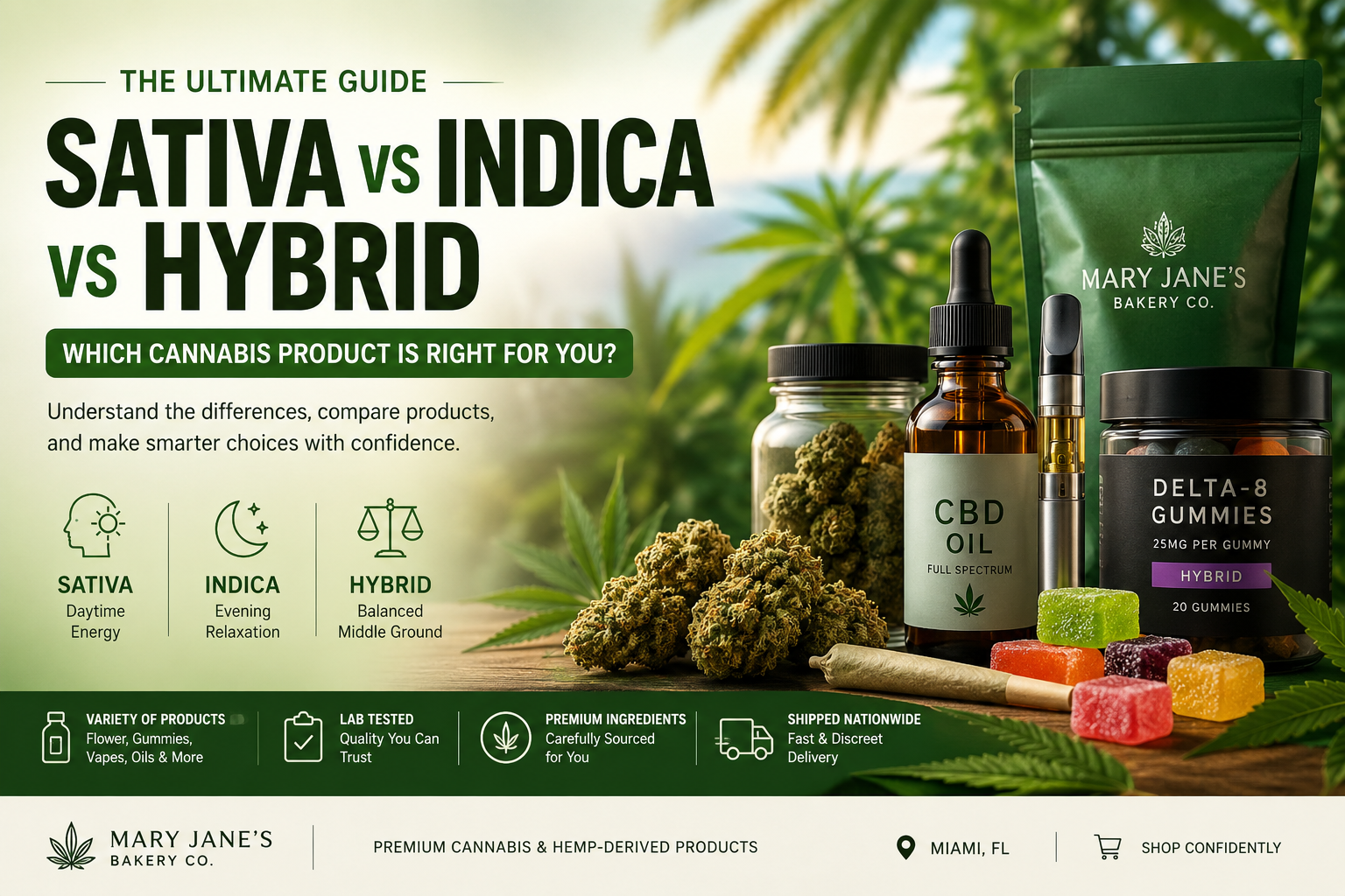 Sativa vs indica vs hybrid cannabis products guide showing flower, gummies, CBD oil, vapes, and hemp-derived options at Mary Jane’s Bakery Co in Miami