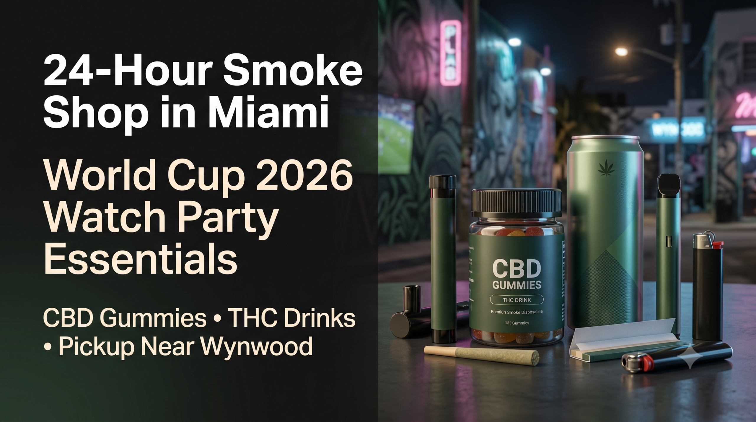 24-hour smoke shop in Miami for World Cup 2026 with CBD gummies, THC drinks, and pickup near Wynwood