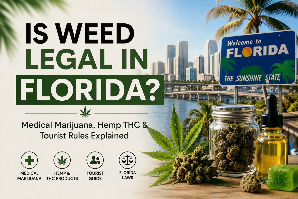 Florida cannabis law guide showing Miami skyline, hemp products, medical marijuana, hemp THC, tourist rules, and Florida weed legality information.