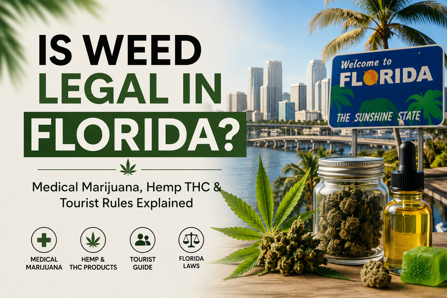 Florida cannabis law guide showing Miami skyline, hemp products, medical marijuana, hemp THC, tourist rules, and Florida weed legality information.