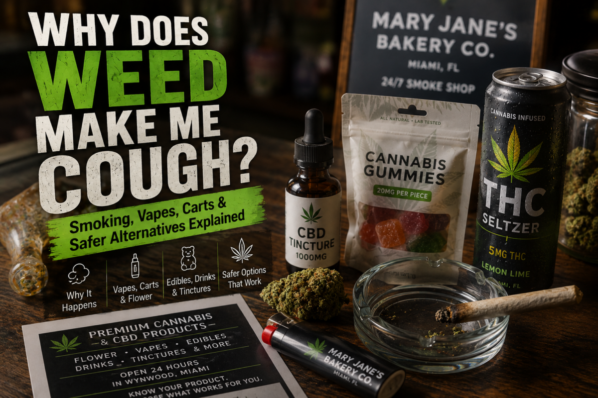Cannabis cough guide showing weed flower, vape cart, THC drink, CBD tincture, and gummies as alternatives to smoking and vaping.