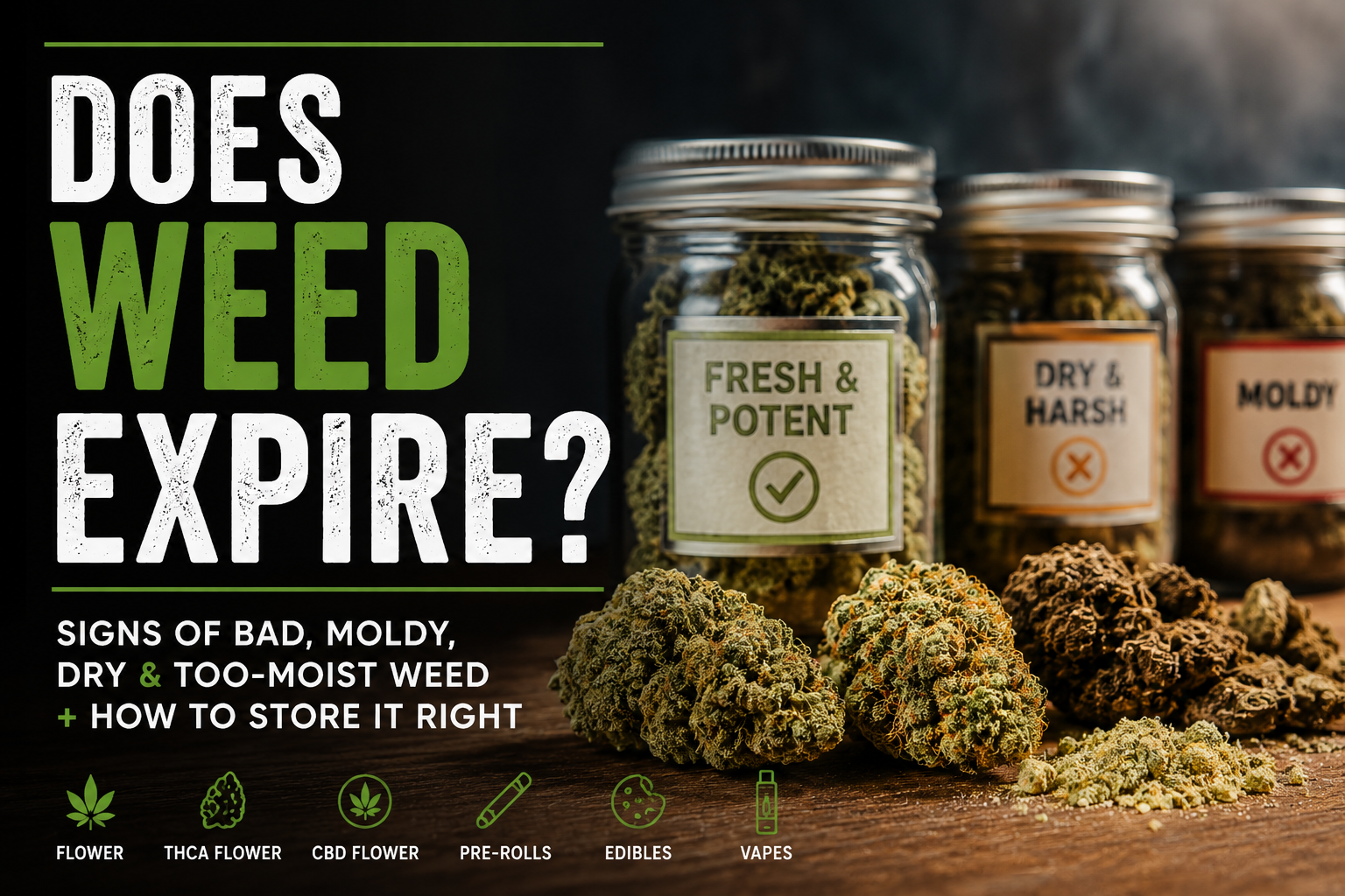 Does weed expire guide showing fresh flower, dry weed, moldy weed signs, THCA flower, CBD flower, pre-rolls, edibles, vapes, and storage tips.