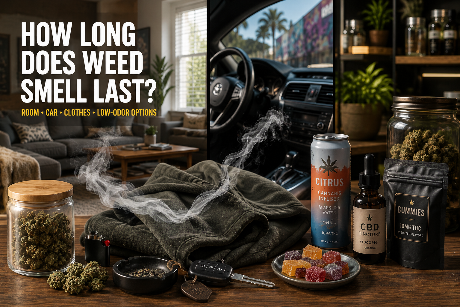 How long does weed smell last in a room, car, and clothes with cannabis flower, vape, gummies, THC drink, tincture, and low-odor options.