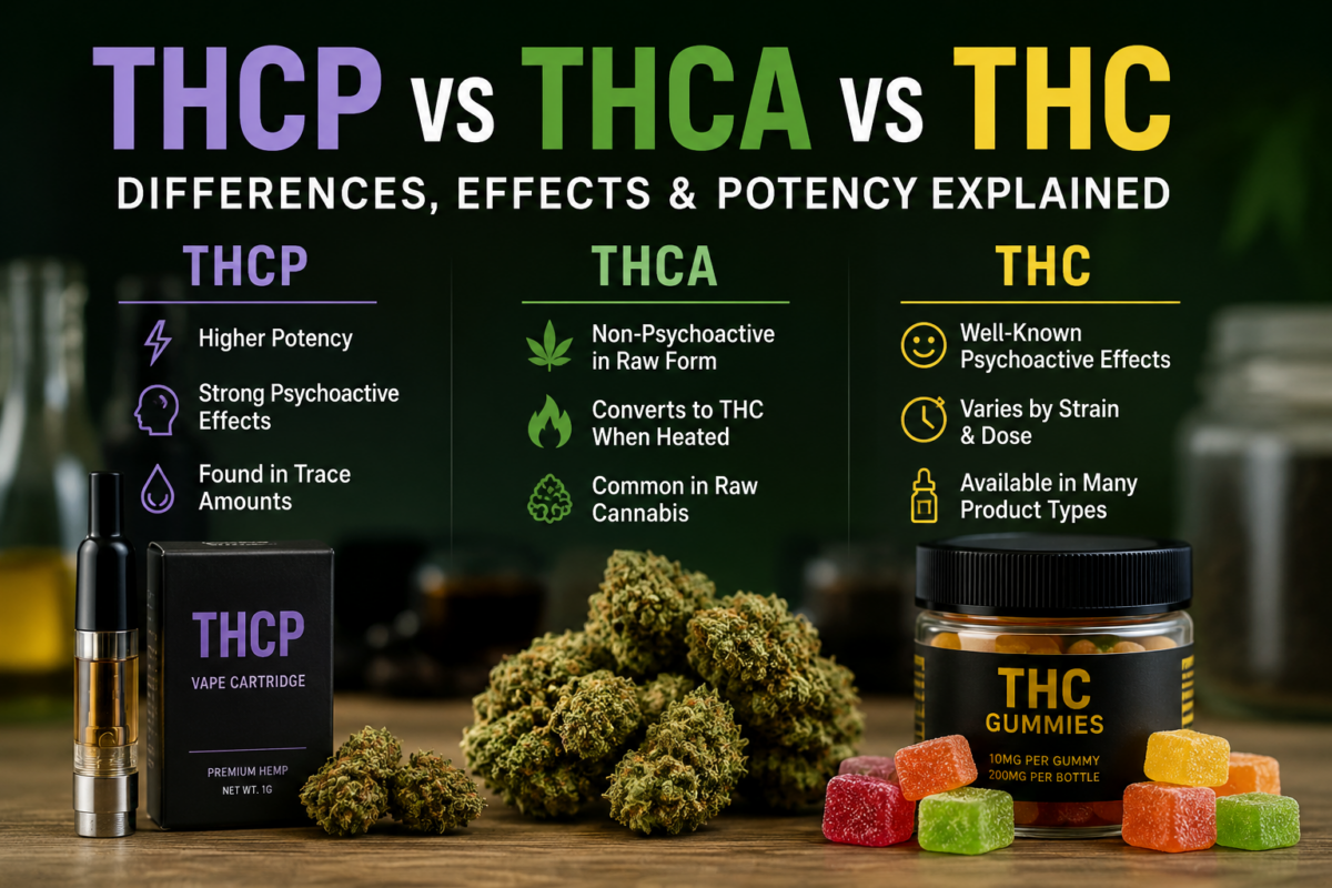 THCP vs THCA vs THC comparison showing potency, effects, cannabis flower, vape cartridge, and THC gummies