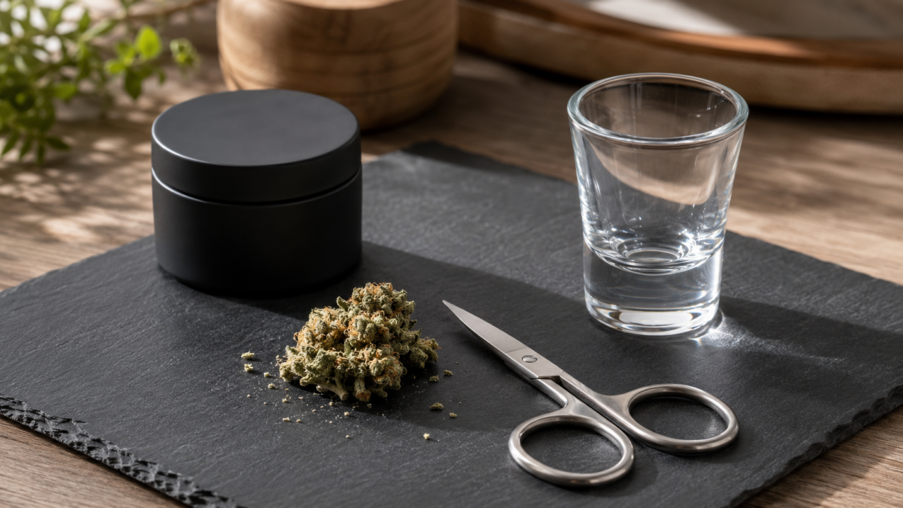 Clean scissors and a shot glass beside hemp flower as alternatives when no grinder is available