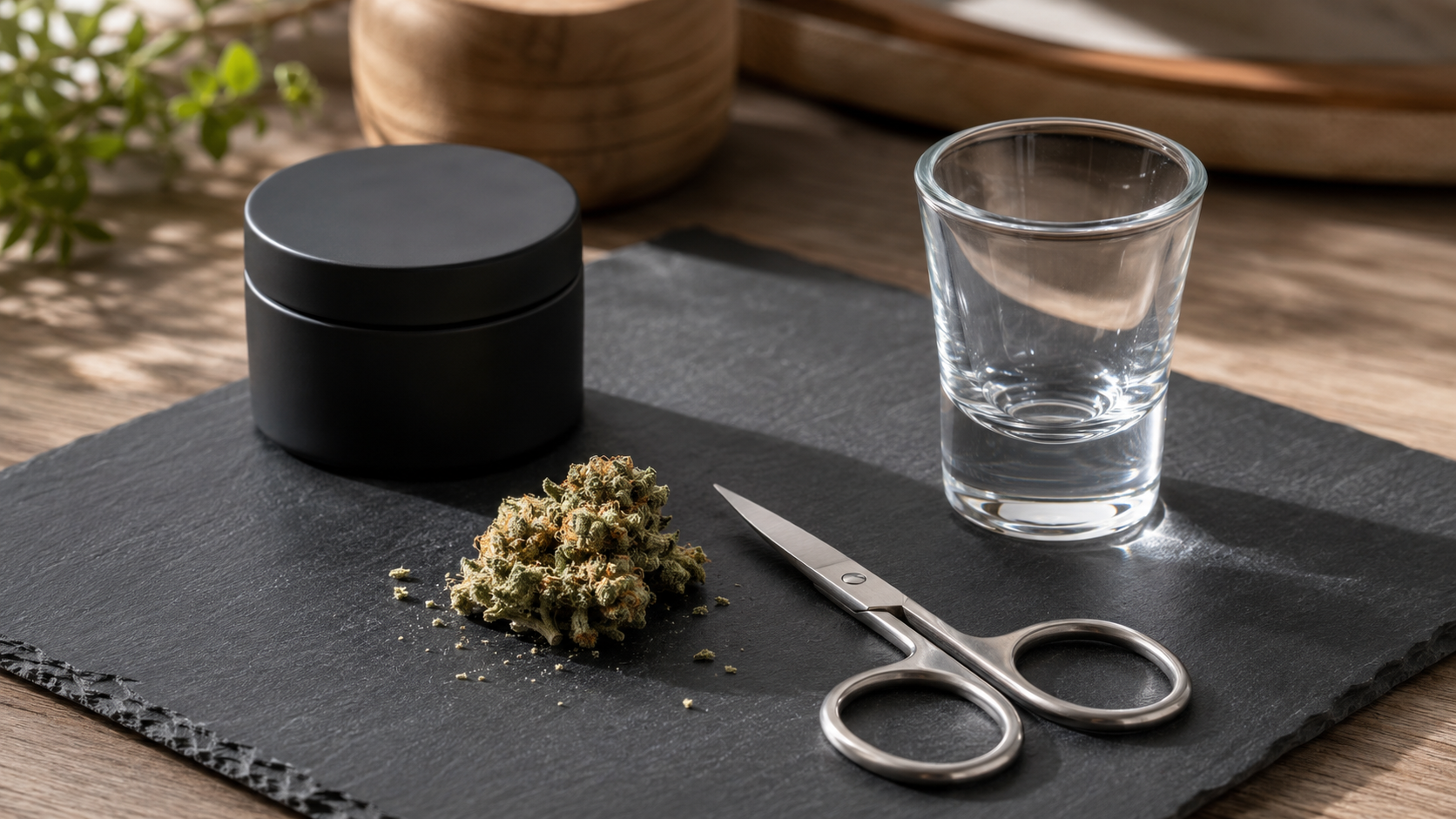 Clean scissors and a shot glass beside hemp flower as alternatives when no grinder is available