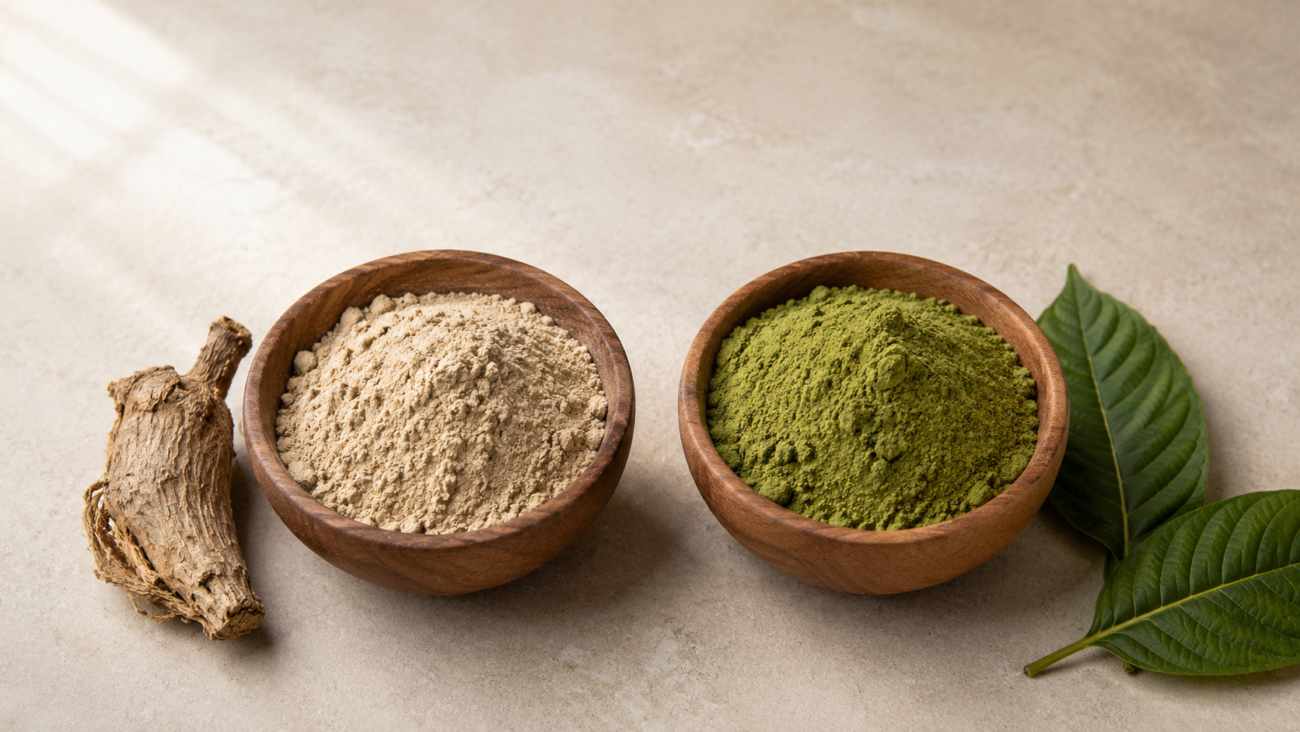 Wooden bowls comparing beige ground kava root powder and green kratom leaf powder side by side