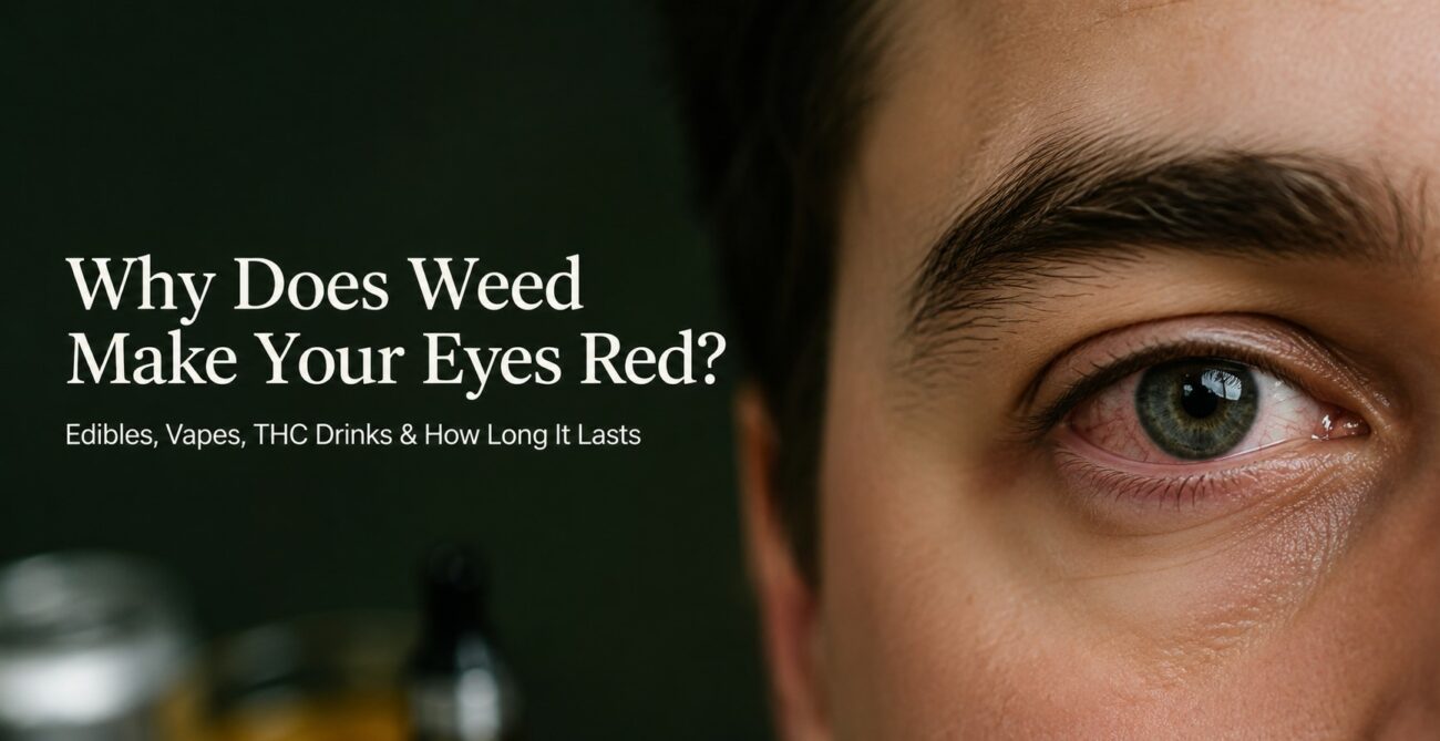 Close-up of red eyes after cannabis use with edibles, vapes and THC drinks