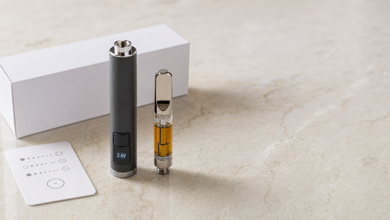 Adjustable 510 vape battery beside a sealed cartridge and setting guide