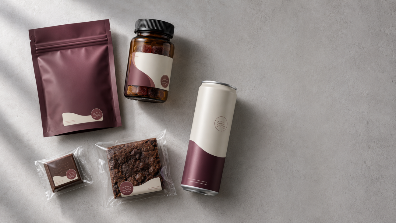 Sealed THC and CBD edible formats arranged for a shelf-life and storage inspection