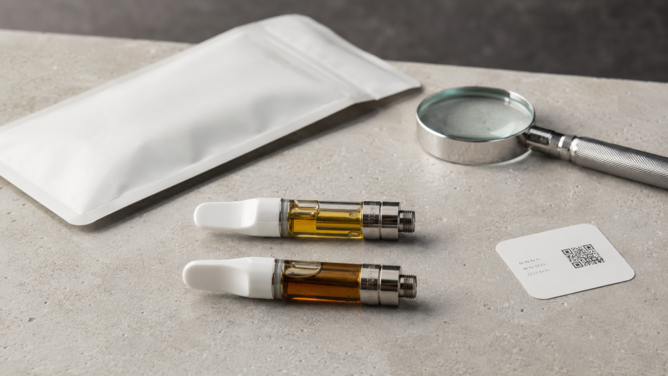 Two vape cartridges and their packages being compared for date, oil condition, and label details