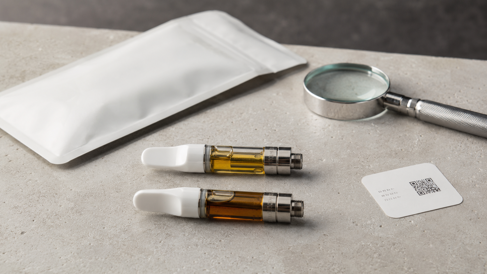 Two vape cartridges and their packages being compared for date, oil condition, and label details