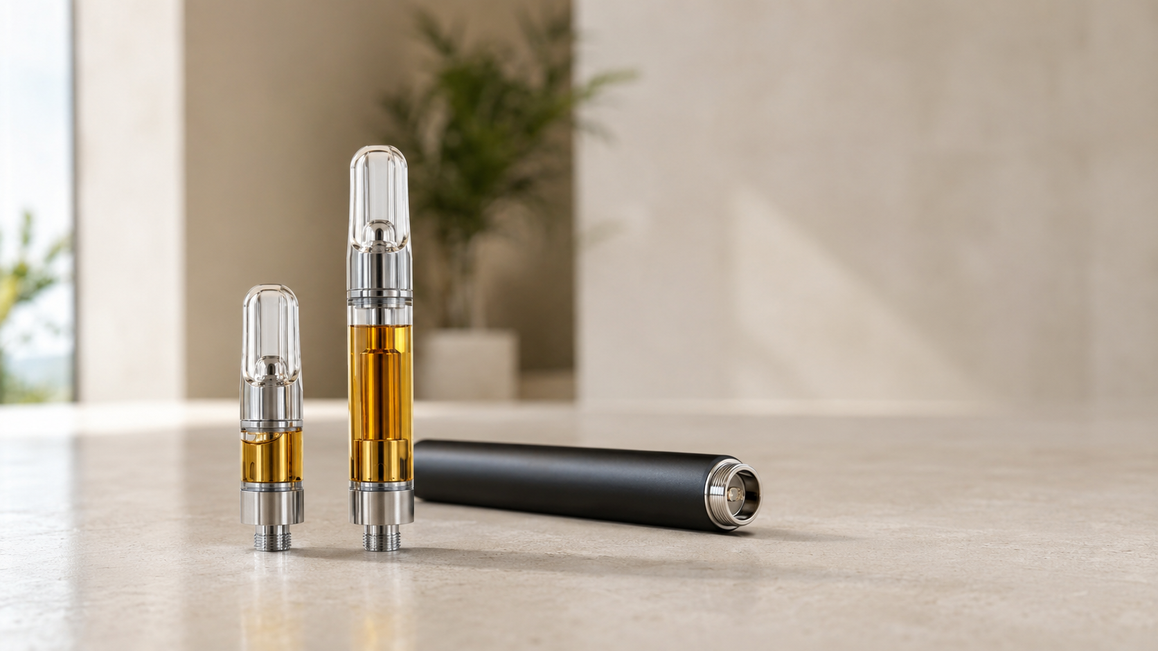 0.5g and 1g vape cartridges beside a 510 battery on a clean stone surface