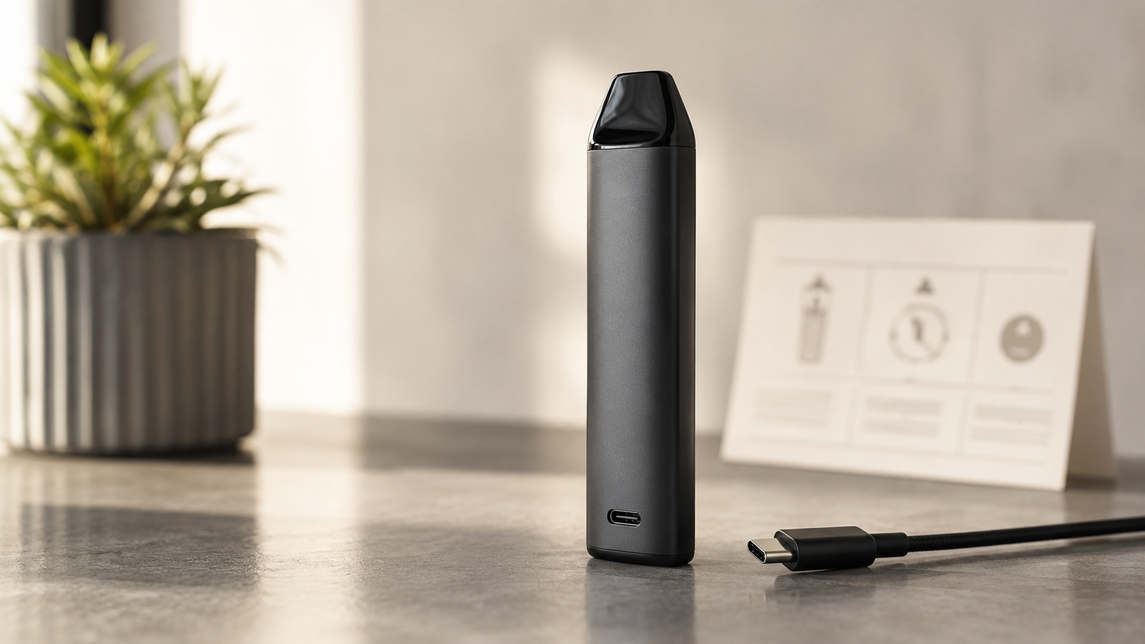 Rechargeable disposable vape and disconnected USB-C cable on a clean hard surface