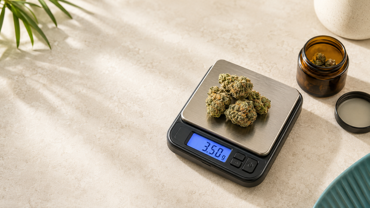 Digital scale showing 3.5 grams beside labeled cannabis flower weight jars