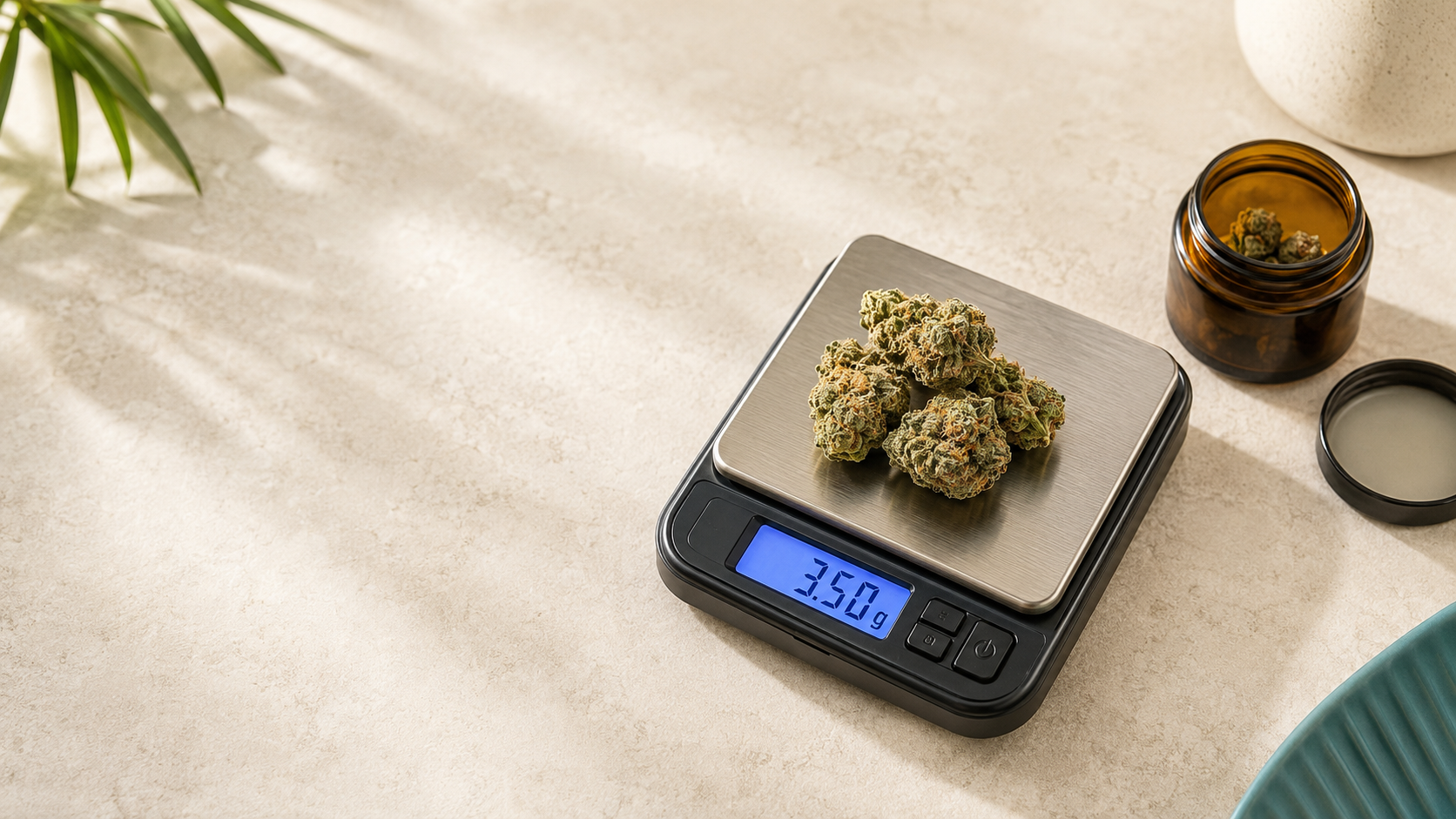Digital scale showing 3.5 grams beside labeled cannabis flower weight jars
