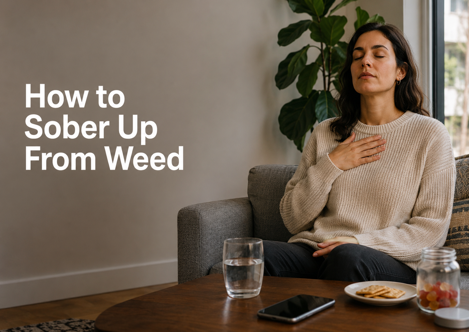 Person calming down in a quiet room with water and snacks after feeling too high from weed