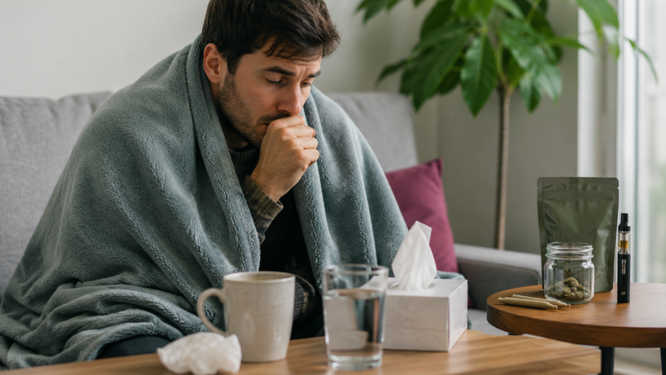 Sick adult resting with tea and water beside cannabis products while learning about smoking weed when sick
