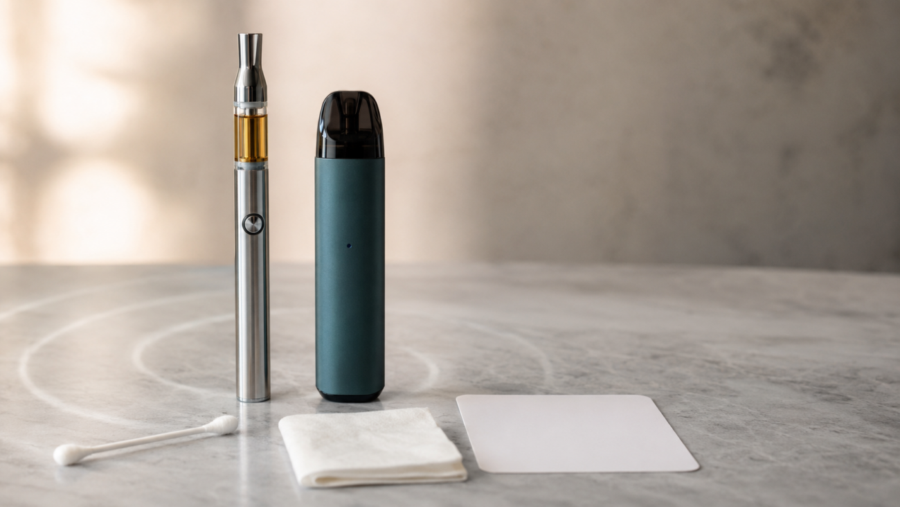 Unbranded vape cartridge, 510 battery and sealed disposable upright for crackling-noise troubleshooting.