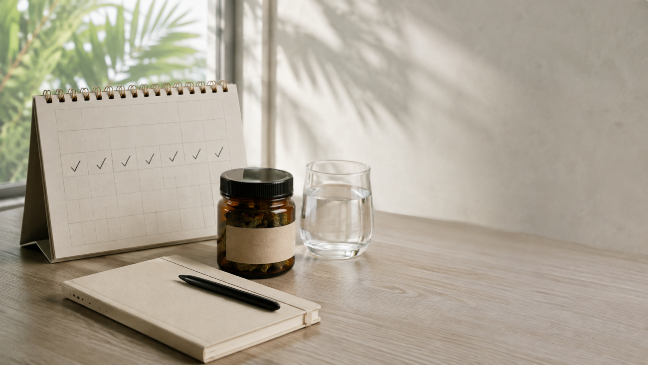 Calendar marked for a cannabis tolerance break beside a sealed cannabis jar, notebook and glass of water.