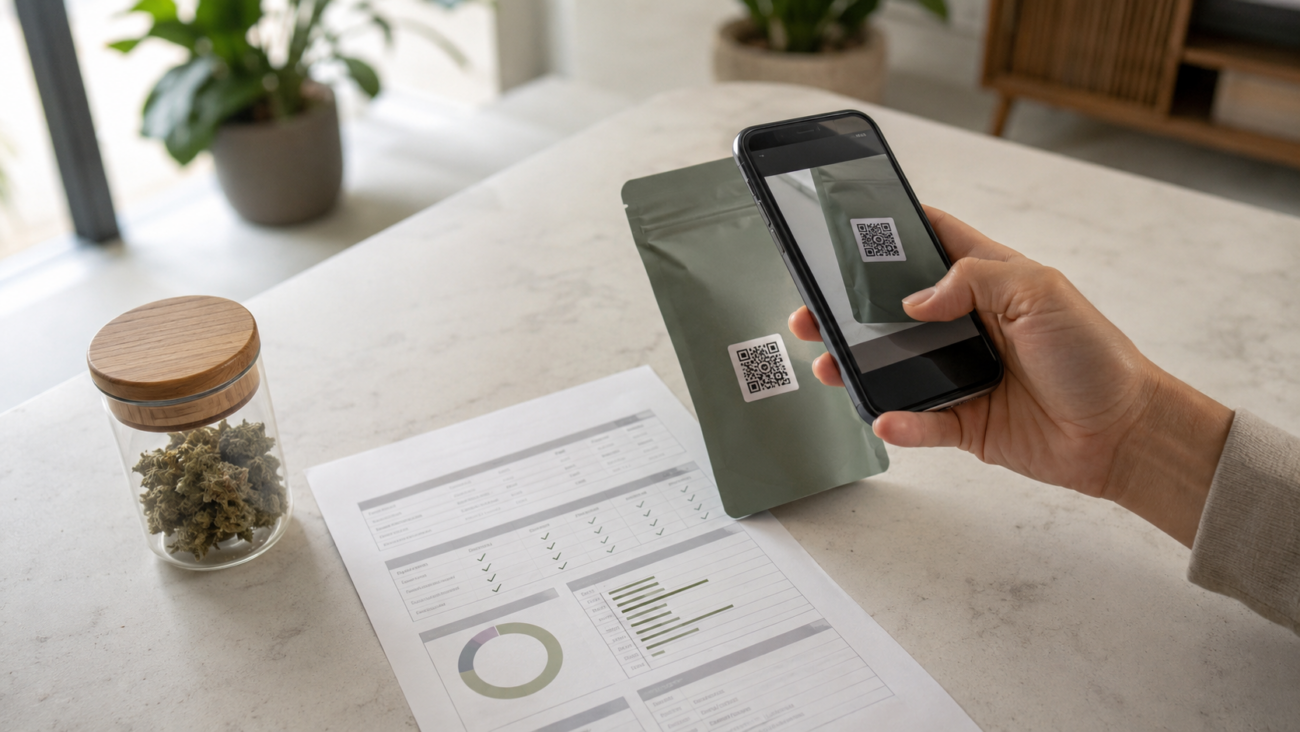 Adult scanning a QR code on cannabis packaging beside a Certificate of Analysis and batch lab results