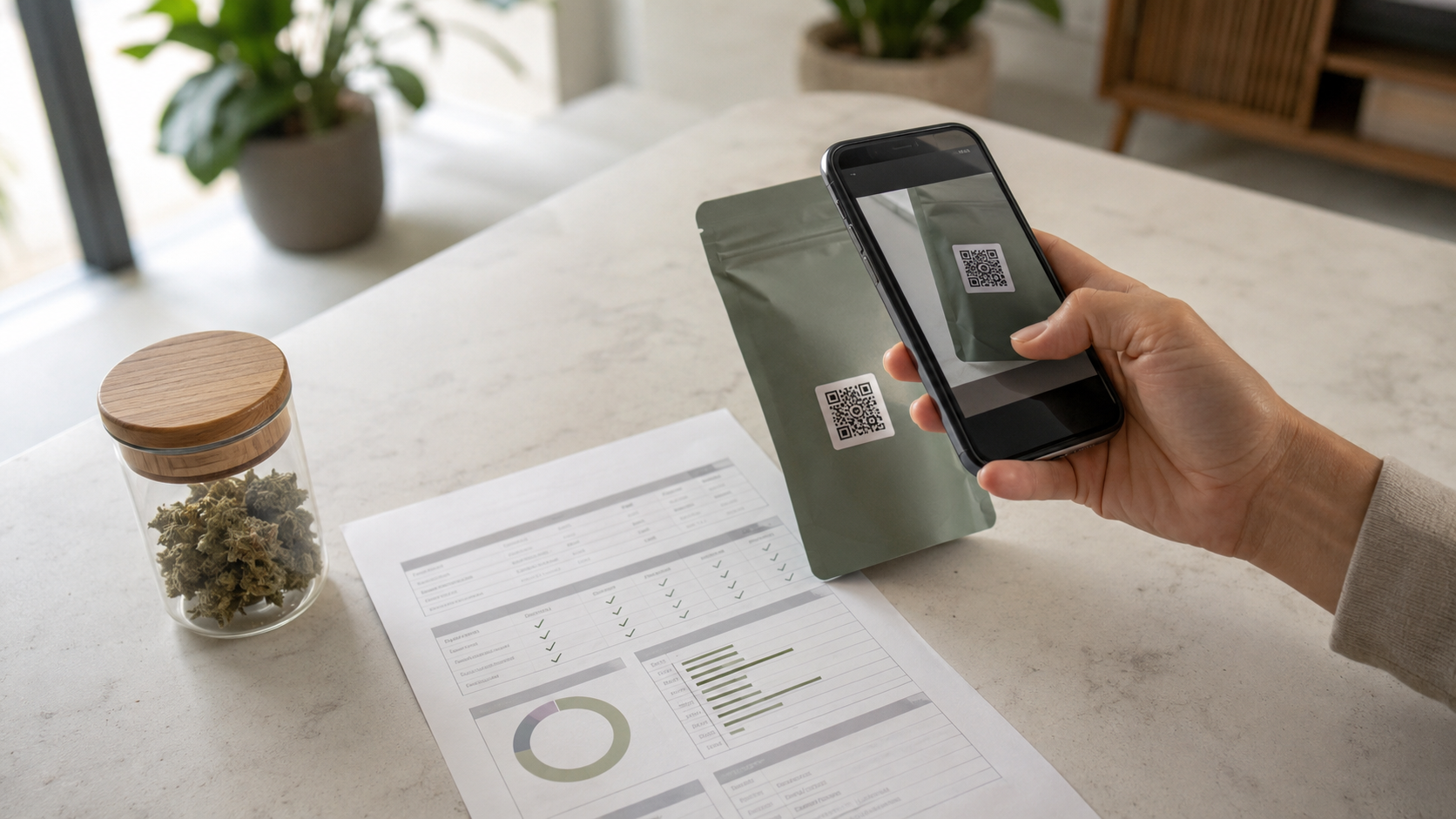 Adult scanning a QR code on cannabis packaging beside a Certificate of Analysis and batch lab results