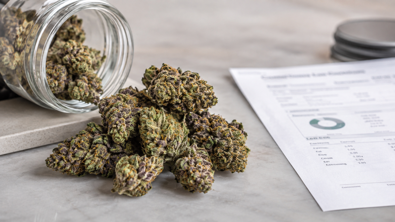 Indica cannabis flower buds beside a glass jar and lab report for cannabinoid and COA quality checks