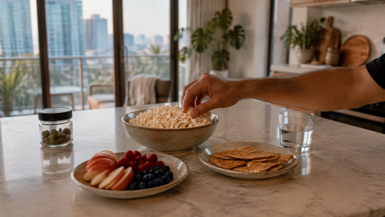 Adult reaching for popcorn beside fruit, crackers and a cannabis flower jar while experiencing THC munchies