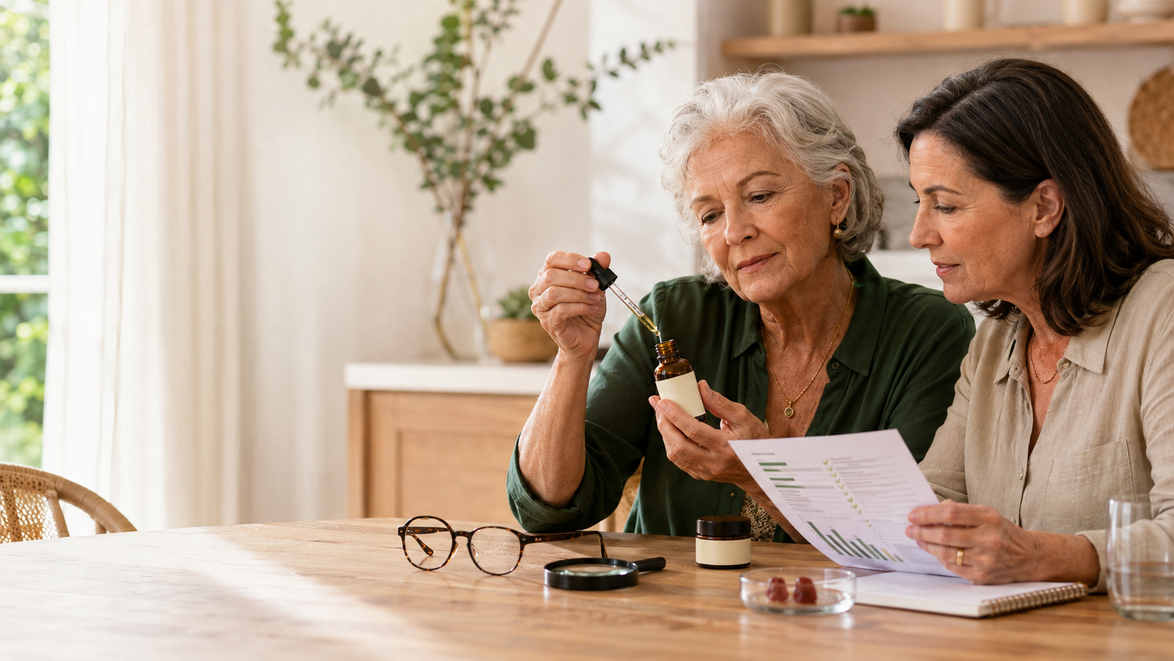 Two older women reviewing a CBD tincture, marked dropper and lab report at home