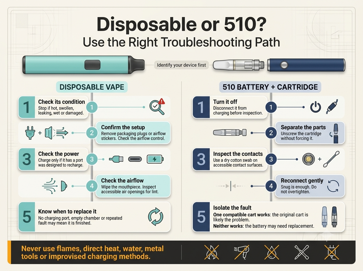 Disposable vape versus 510 battery and cartridge troubleshooting steps