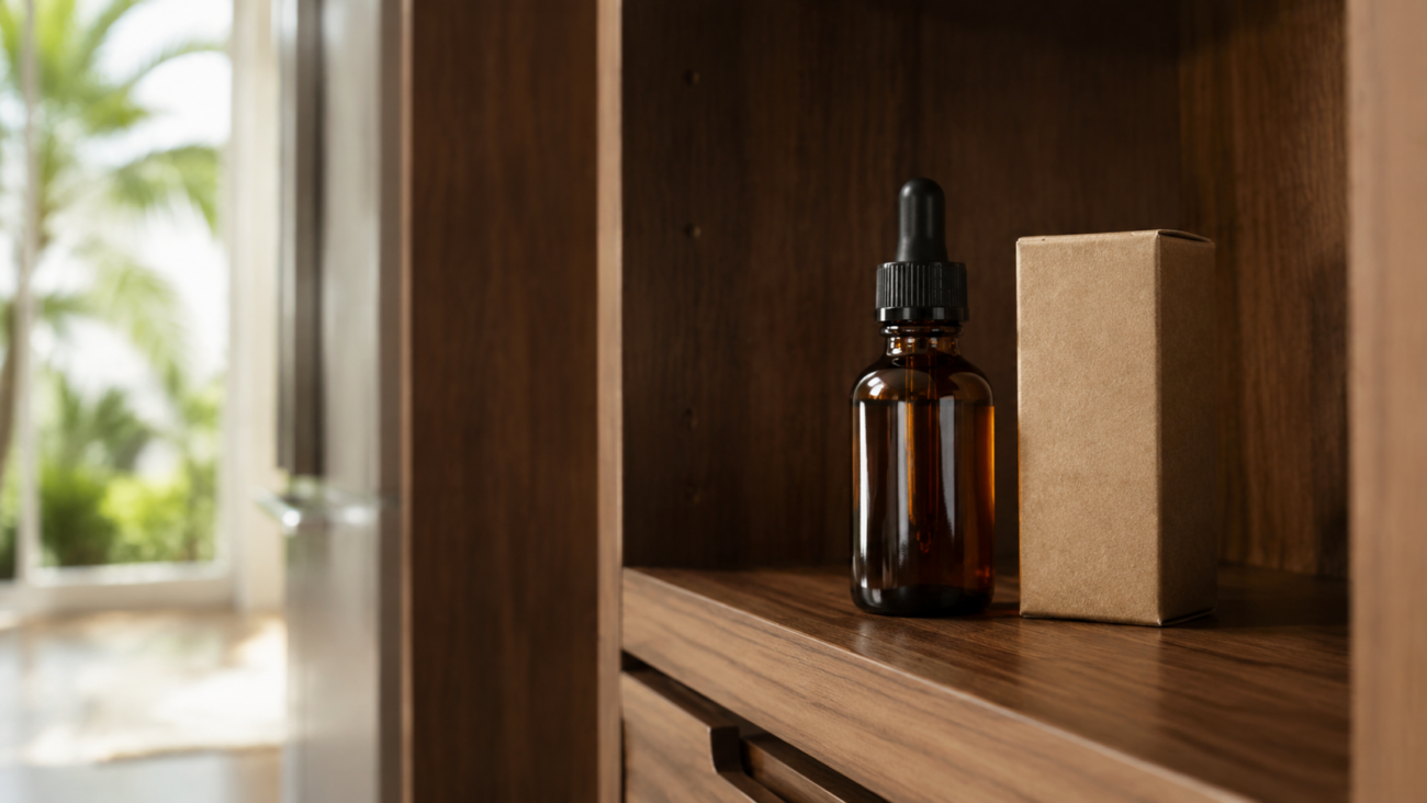 Amber CBD oil dropper bottle stored upright in a cool, shaded wooden cabinet.