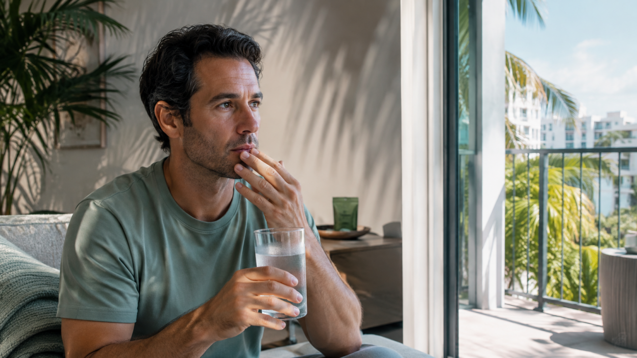 Adult in a Miami apartment holding water and experiencing cannabis-related cottonmouth