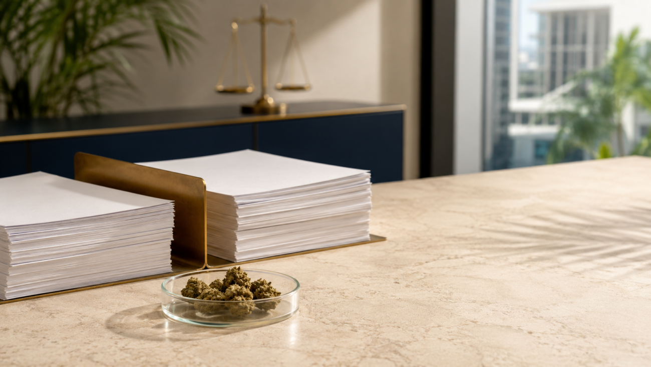 Cannabis flower beside two federal document stacks and a brass scale representing the 2026 Schedule III review.