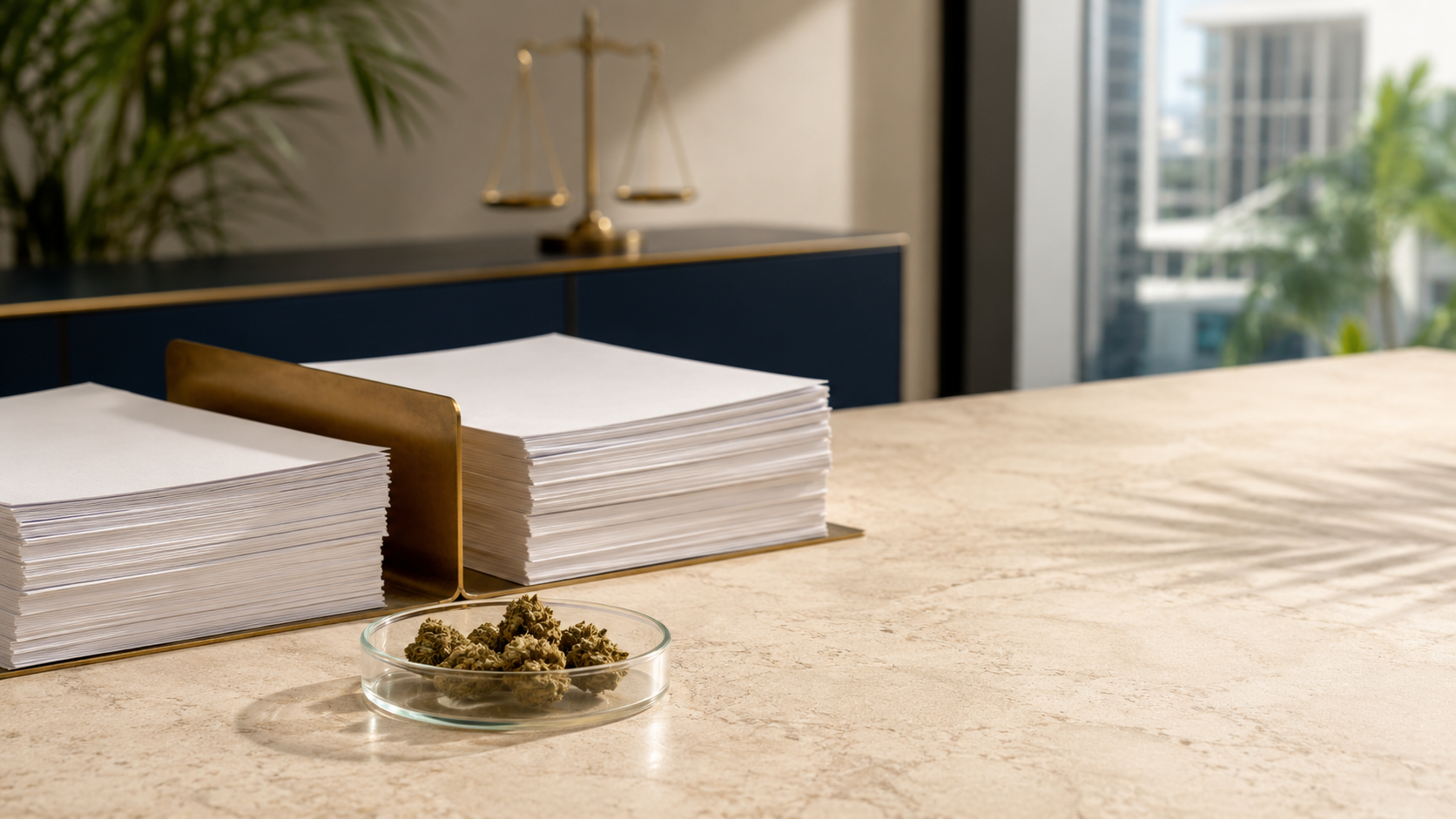 Cannabis flower beside two federal document stacks and a brass scale representing the 2026 Schedule III review.