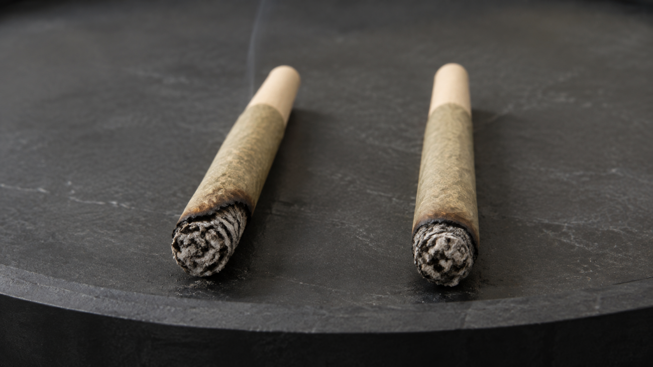 Canoeing joint with an uneven burn beside a pre-roll with a centered, even ash ring