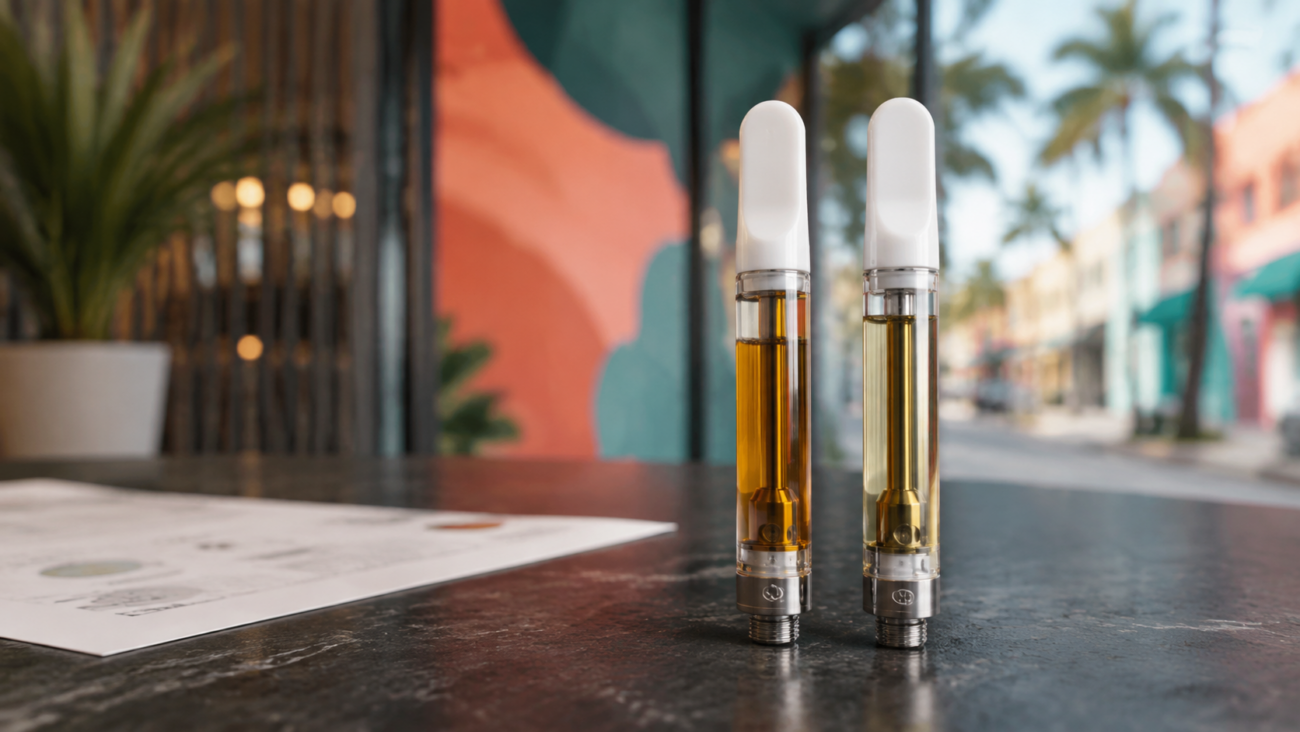 Live resin vs distillate carts with amber and pale-gold oils displayed side by side in Miami.