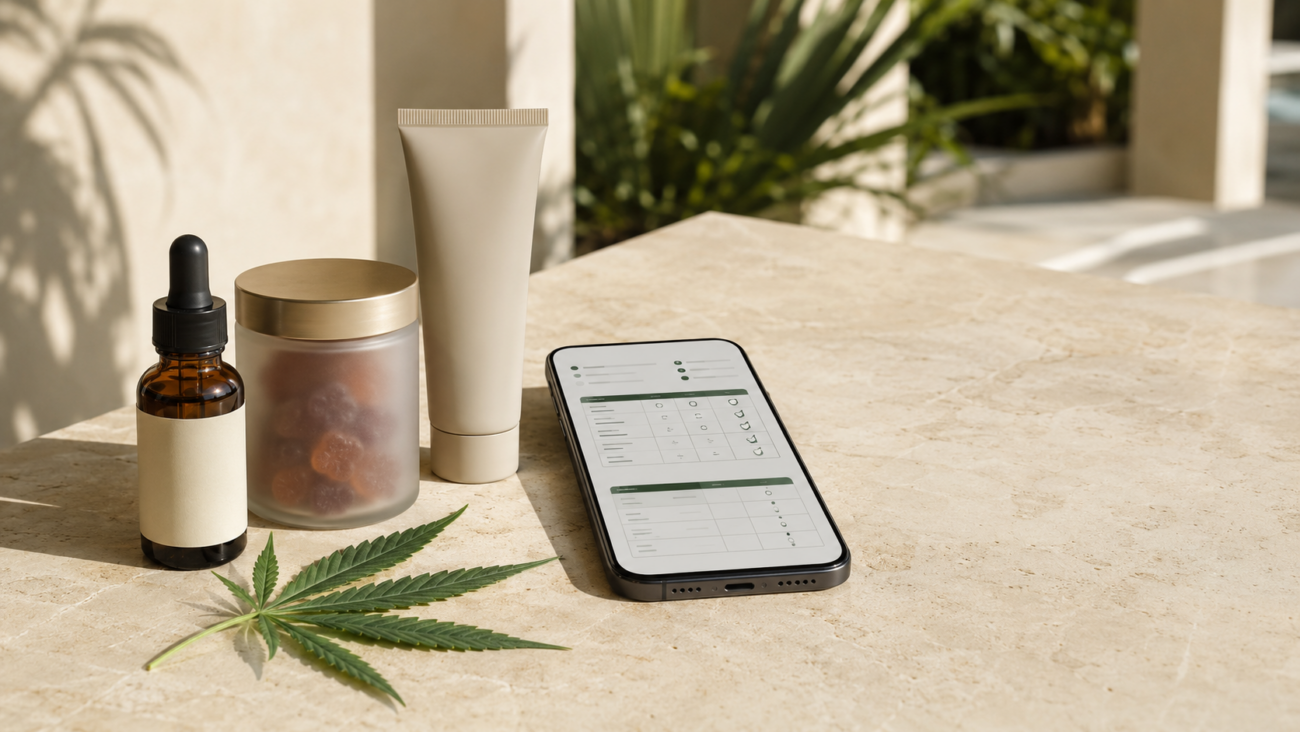 CBD tincture, gummies and topical beside a phone displaying a batch-level COA guide in Miami daylight