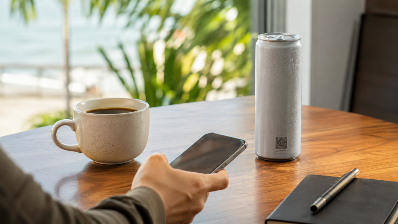 Adult comparing a sealed THC beverage with a cup of coffee at a Miami café