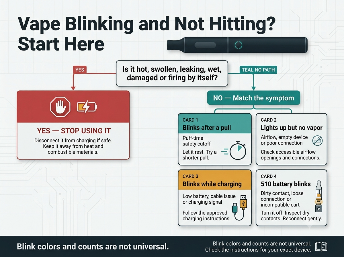 Vape blinking and not hitting troubleshooting flowchart for disposable and 510 devices
