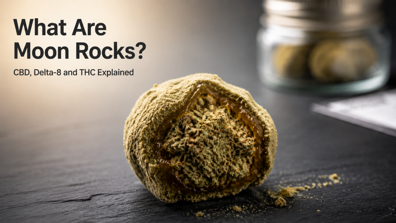 Cutaway cannabis moon rock showing a flower core, amber concentrate layer and kief coating