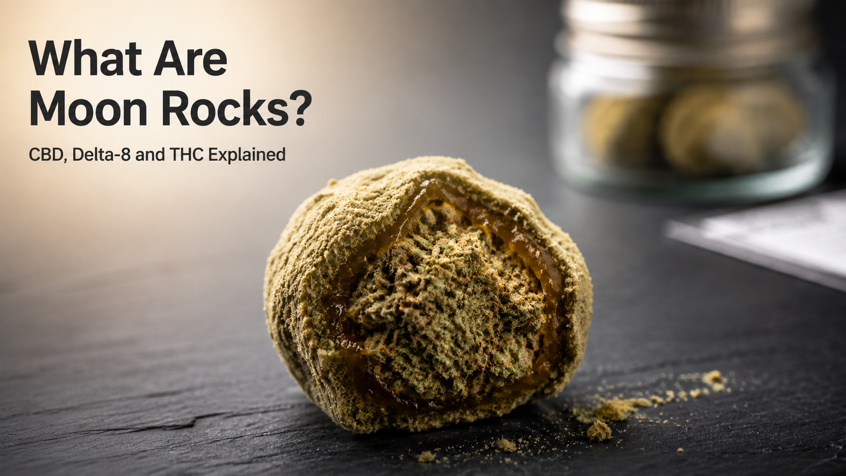 Cutaway cannabis moon rock showing a flower core, amber concentrate layer and kief coating